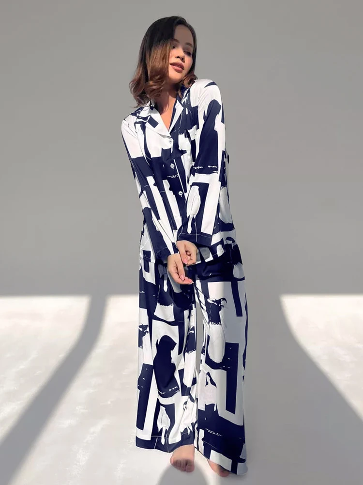 HiLoc Elegant Print Pants Pajamas Suits Female Autumn Notched Collar Shirts Nightwears 2024 Loose Long Trousers Sleepwears Women