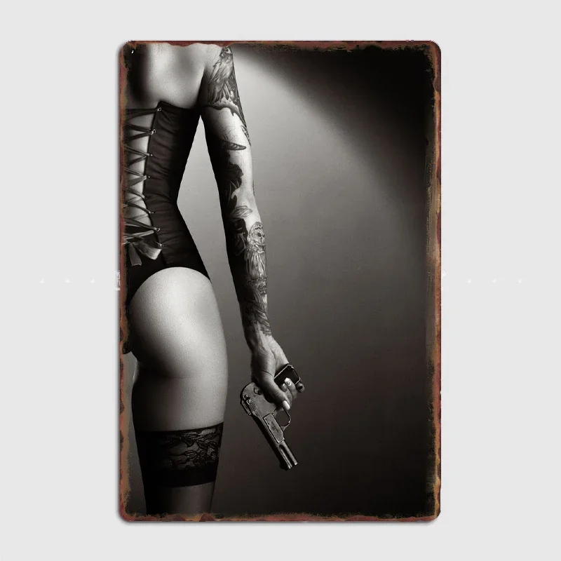 Woman In Lingerie With Gun Metal Plaque Garage Club Wall Plaque Club Home Funny Tin Sign Poster