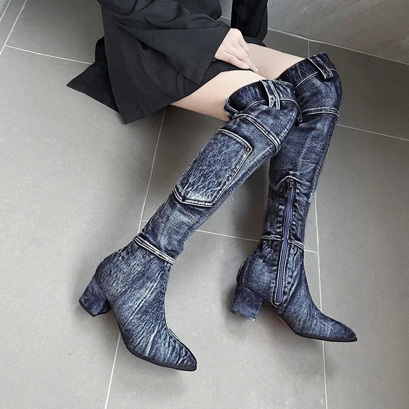 Sexy Jean Boots Women\'s Knee-High Boot Zipper 6CM High Heel Woman Stylish Jeans Boots Ladies Denim Boot Female Shoes Cowboy