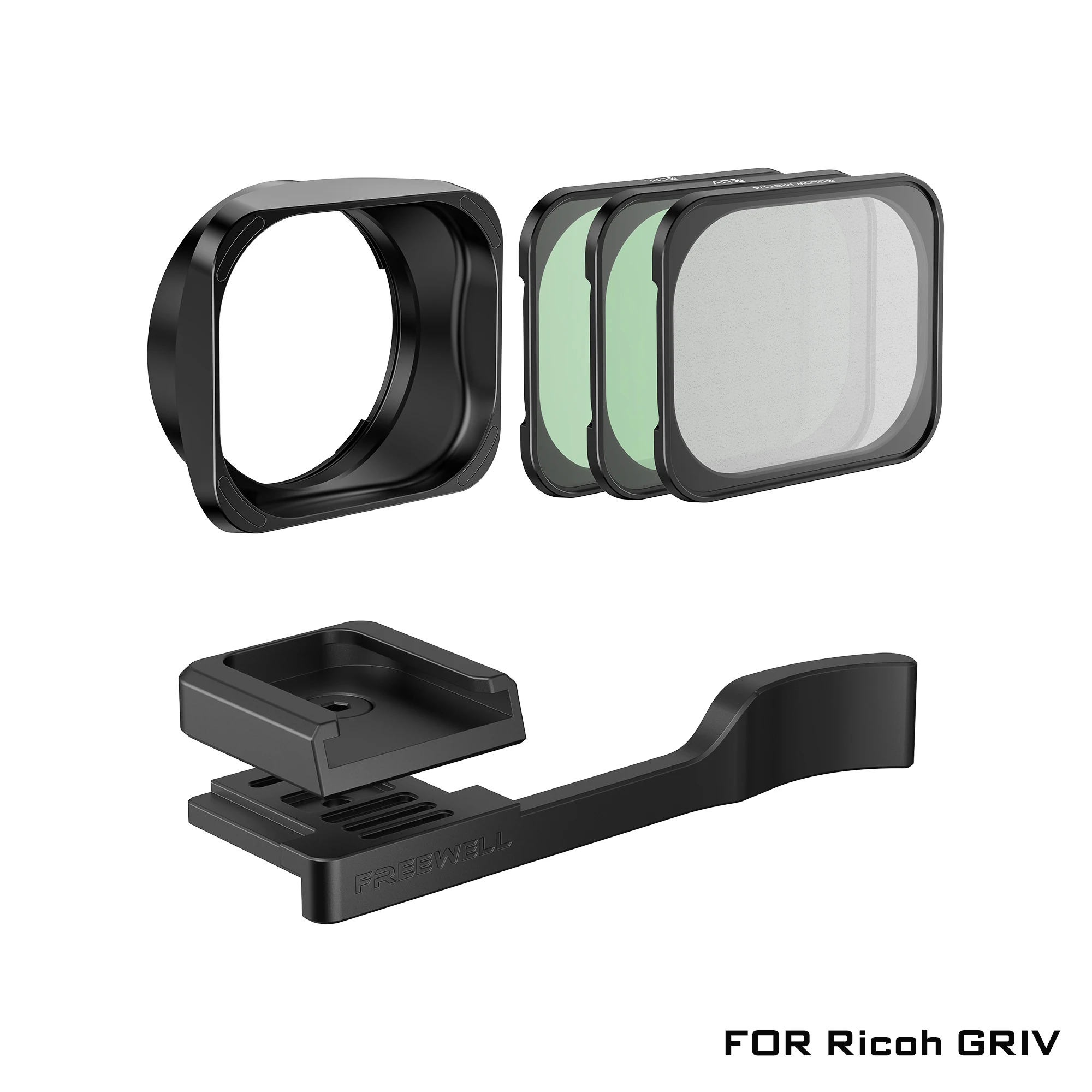 Freewell strak duurzaam ontwerp zonnekap met 3-packs magnetische stapelbare filters en duimgreep voor Ricoh GRIV camera-accessoires