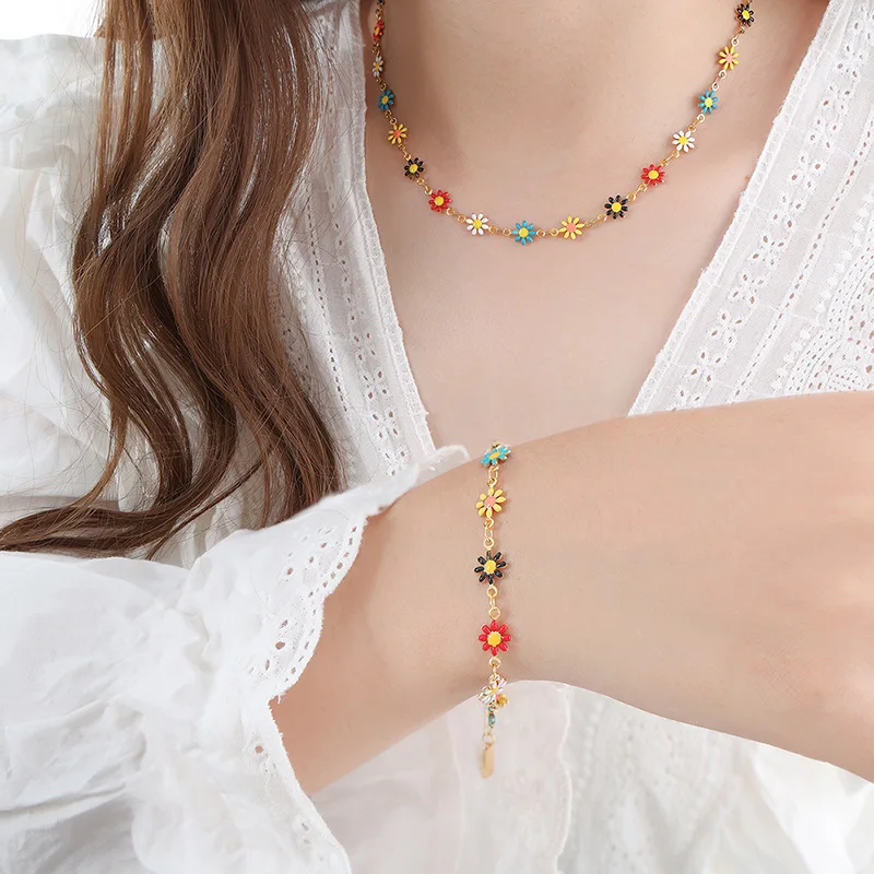 TOFFLO Stainless Steel Jewelry Bohemian Colorful Small Flower Spliced Chain Necklace Women's Fashion Bracelet Set BSP1550