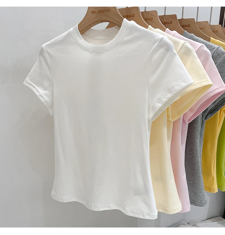 AOSSVIAO 2026 Summer Solid Color Women's Short Sleeve T-Shirt American Vintage Y2K Slim Basic O-Neck Tee Trendy Slim Fit Tops