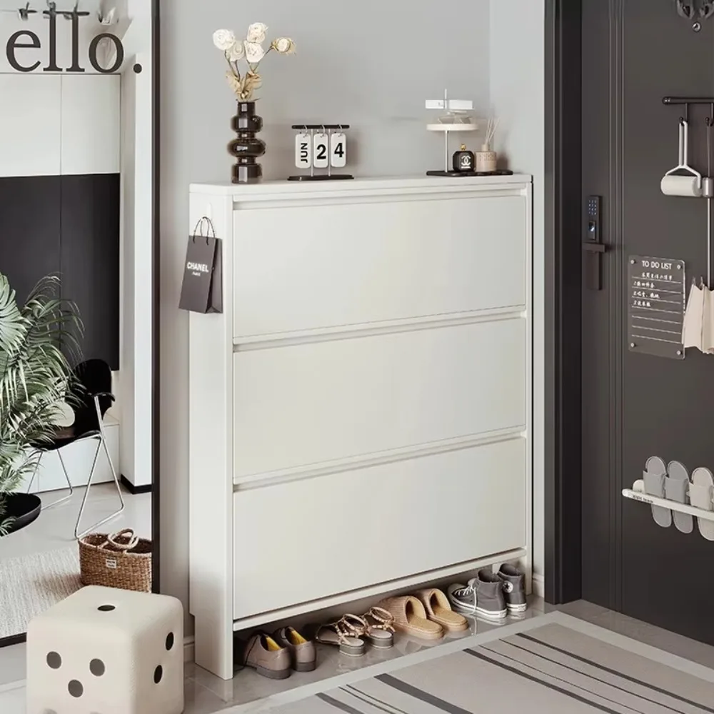 2026 Modern Design Home Furniture Ultra-Thin 17cm Narrow Entryway Foyer Solid Wood Shoe Cabinet Flip Bucket Rack New Model Home