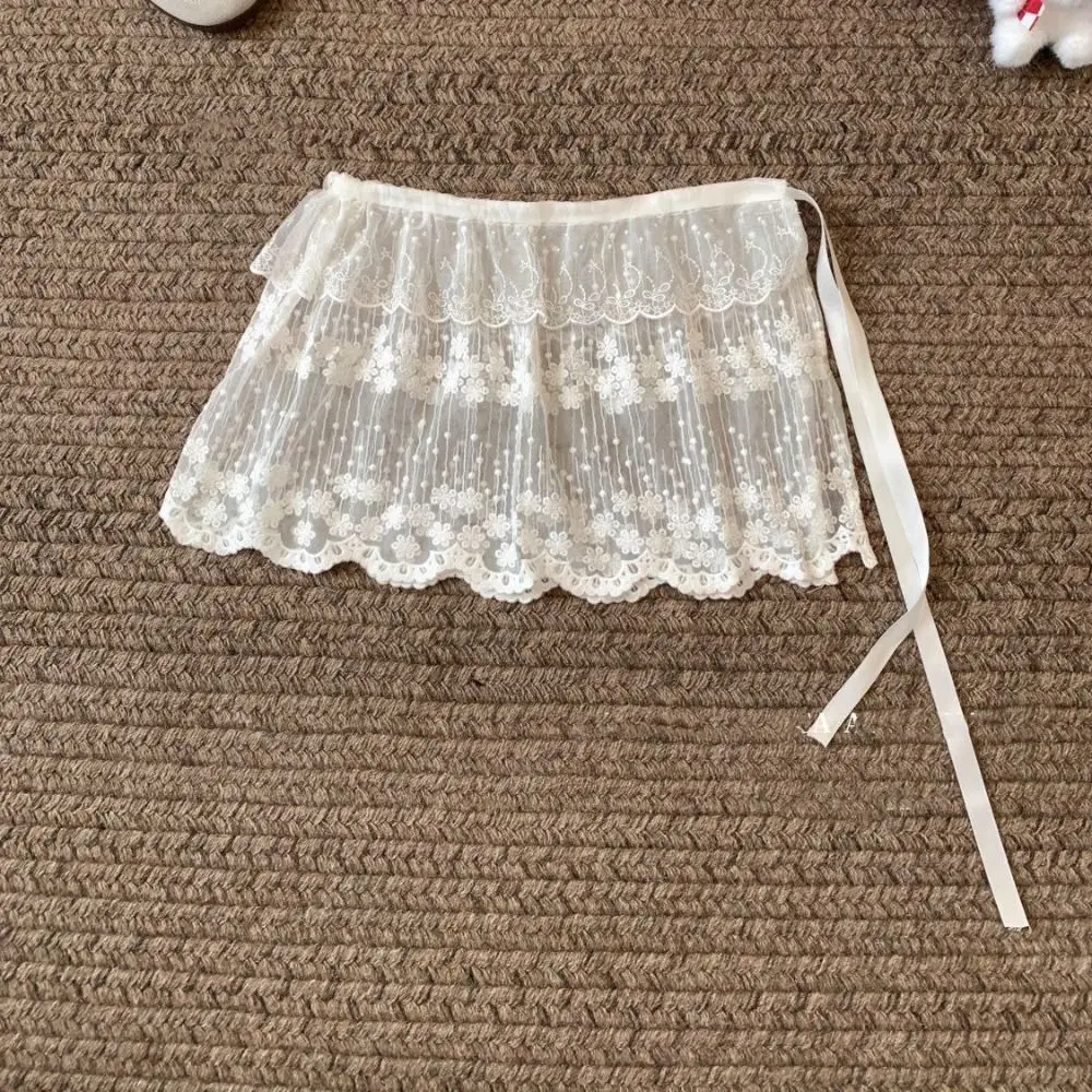 กระโปรงมินิสเกิร์ตผ้าลูกไม้สไตล์ Y2K ลายดอกไม้ เอวสูง ผ้าโปร่ง แต่งระบายชายกระโปรง สไตล์เกาหลี ผูกเชือก แฟชั่นสตรีทแวร์