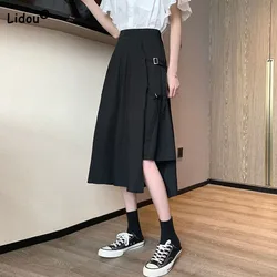 Coreano Simplicidade Irregular Cor Sólida A Linha Saia Verão Roupas Femininas Moda Emendado Casual Cintura Alta Midi Saia Feminino