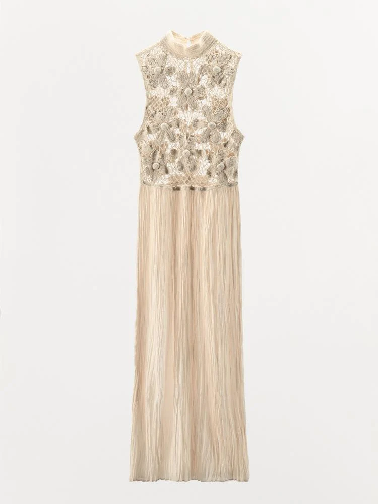 فستان عصري برقبة دائرية بدون أكمام مطرز بالزهور وصل حديثًا فستان نسائي متوسط ​​الطول للاحتفال بالحفلات