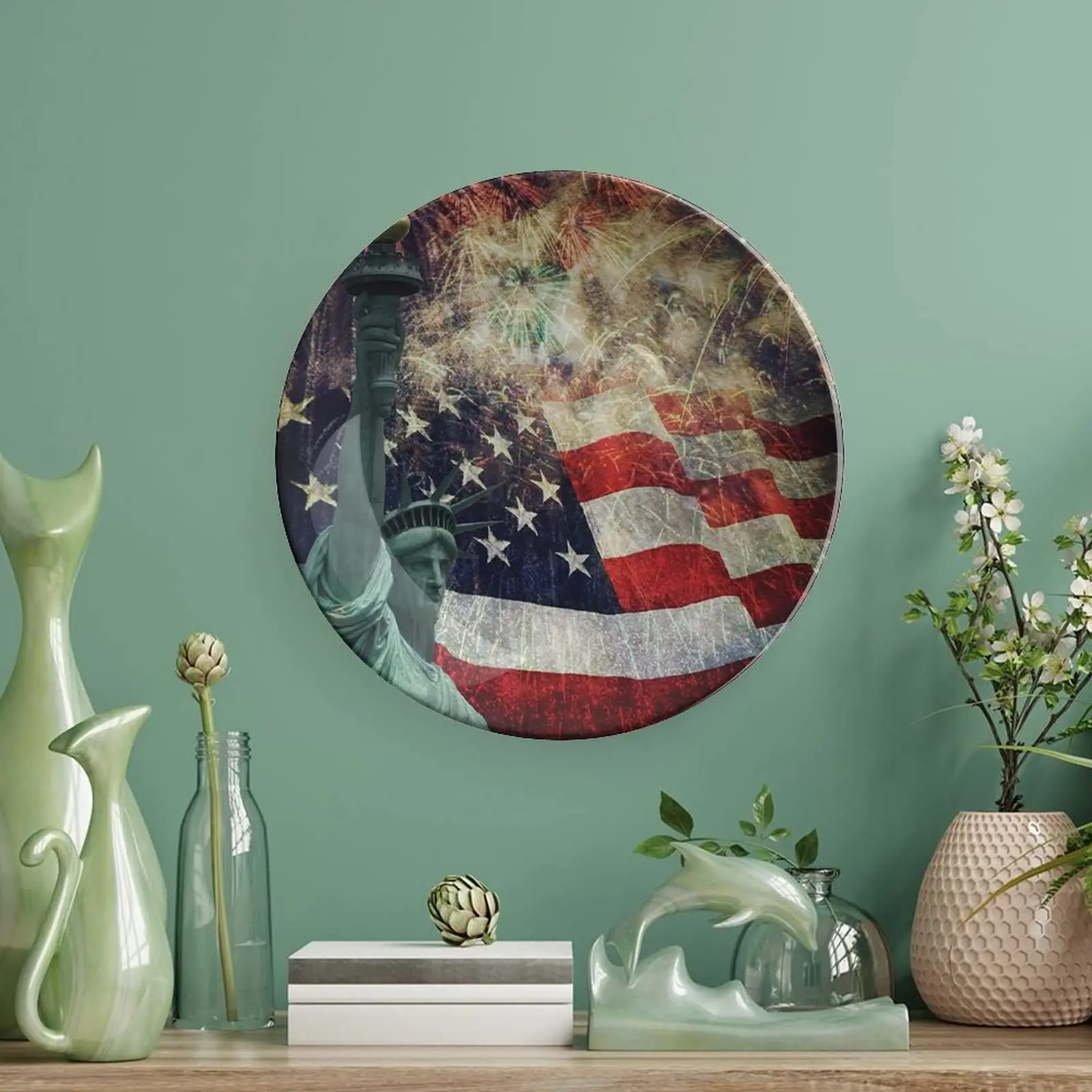 Ceramic Plates, American Flag Decorative Ceramic Plates, Fireworks 4th of July, for Dining, Parties, Wedding