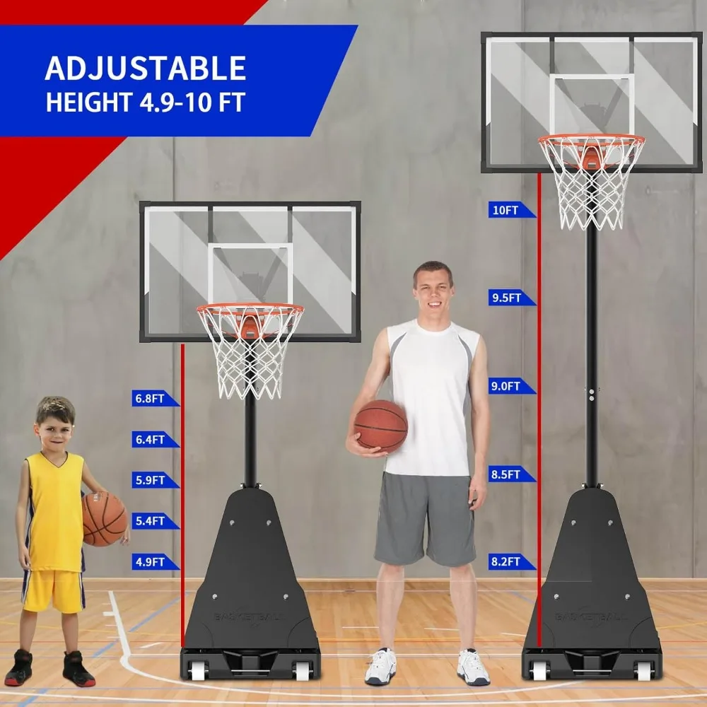 高さ調節可能な屋外バスケットボールフープ、44インチのバックボード、移動式ベース付き、5.5フィートから10フィートのコートに適しています