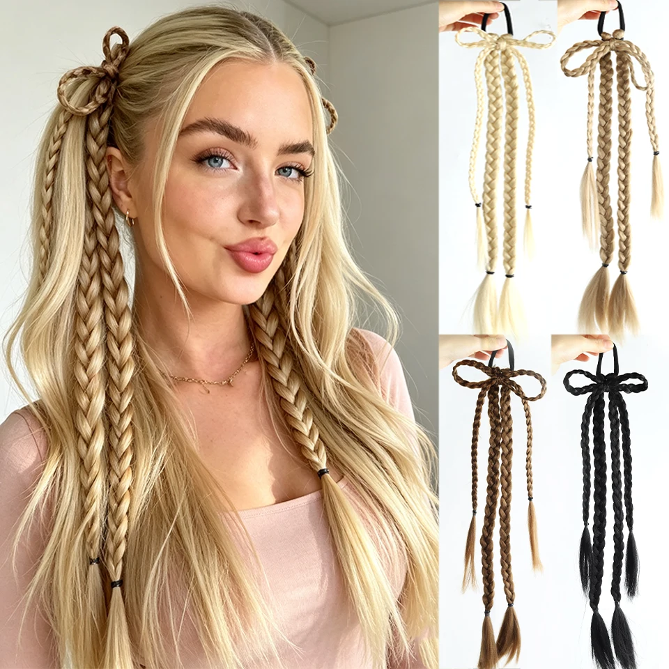18inch Bow Ponytail Leather Band Chemical Fiber Fried Dough Twists Ponytail Wig Suitable for Women's Daily Parties and Festivals