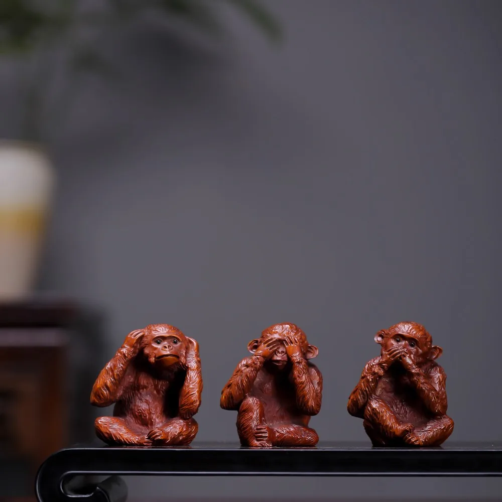 

Retro Style Boxwood Hand Carved Wooden Three Wise Monkeys Figurine Set (3pcs) - Zen Collectible Ornament Home Office Desk Decor