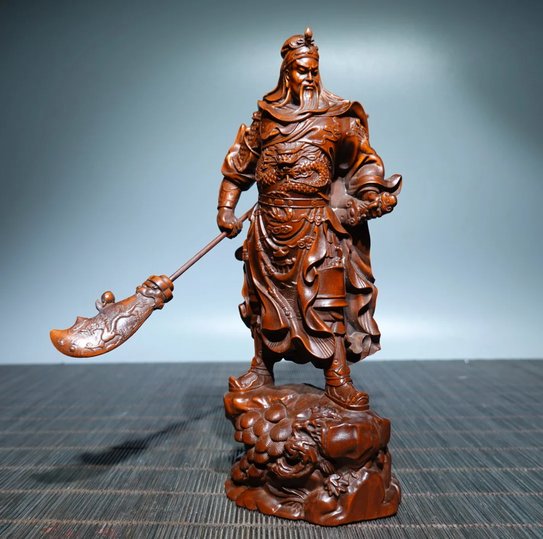 Chinese natural boxwood wood carving exquisite engraving Guan Gong guardian desk decoration home furnishings