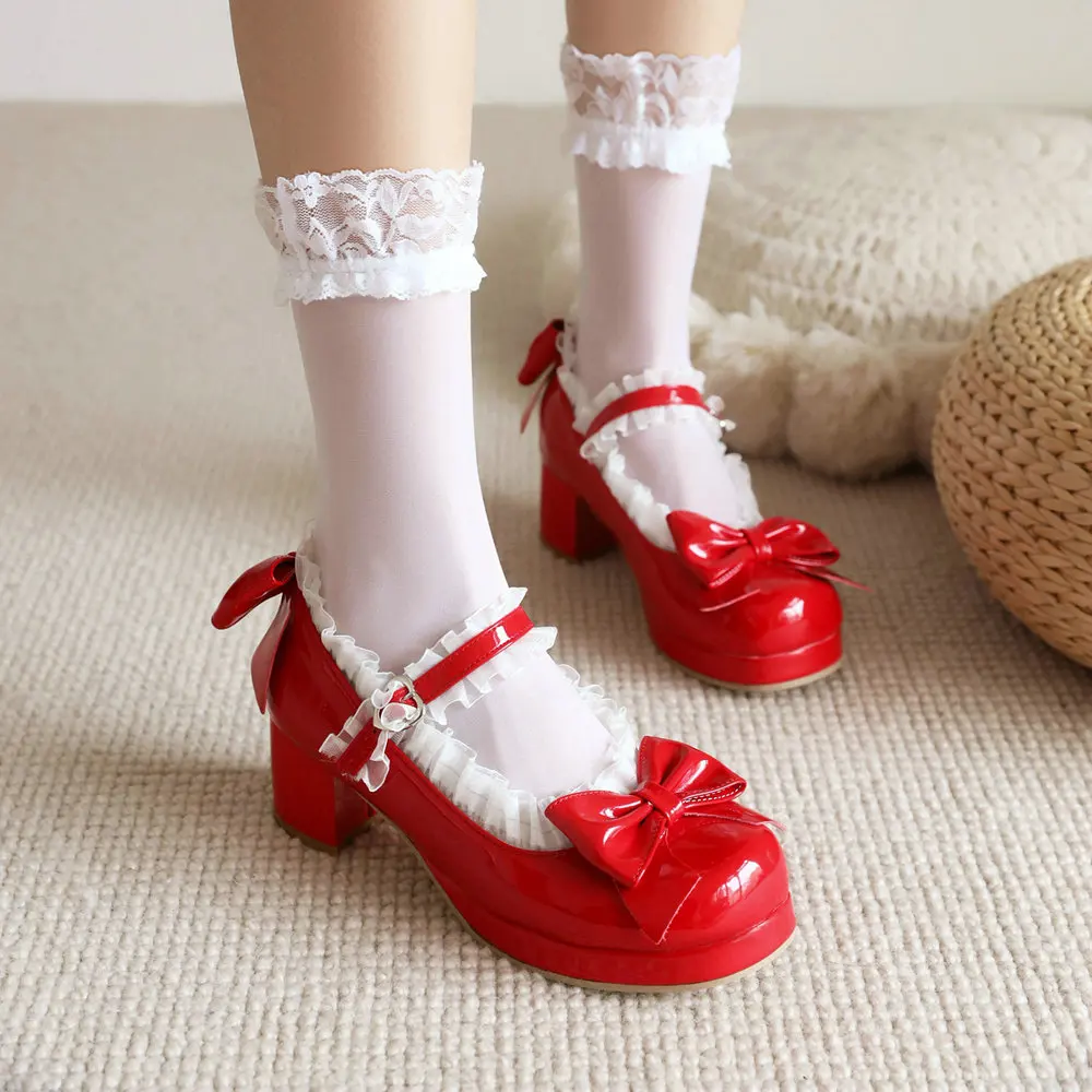 Patent Leather Sweet Lolita Mary Jane Shoes JK Princess Maid Cosplay Tea Party Pumps Kawaii Bow Med Heels Lace Strap Plus Size