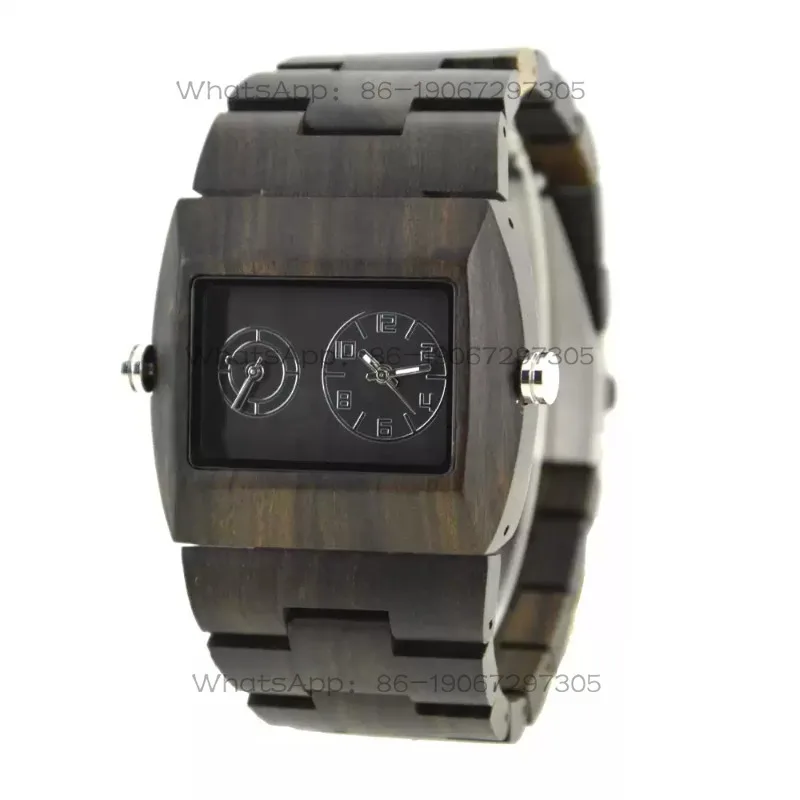 Atmospheric square black sandalwood men's watch casual dual movement quartz solid wood head watch