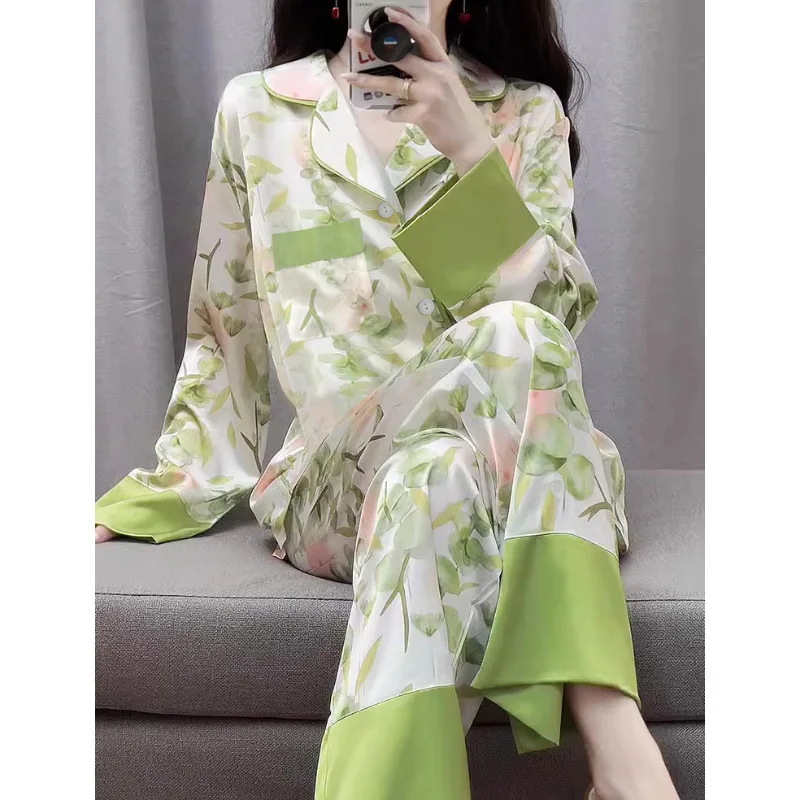 New Ice Silk Pajamas Women\'s Spring and Summer New Sweet Long Sleeves and Long Pants Home Clothes Set Green Floral Sleepwear Set