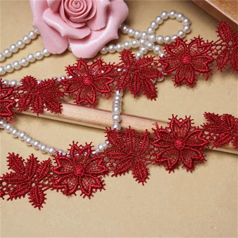 3CM di larghezza squisito poliestere rosso fiori ricamati tessuto di pizzo nastro vestito colletto trim vestiti copricapo fai da te cucito decor