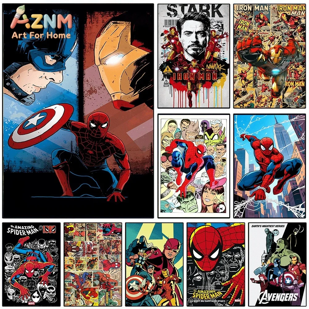 AZNM Impresión en Lienzo Retro de la Batalla de Capitán América y Iron Man, Gráfico Pop de Cómic Vintage con la Postura de Spider-Man en Cuclillas