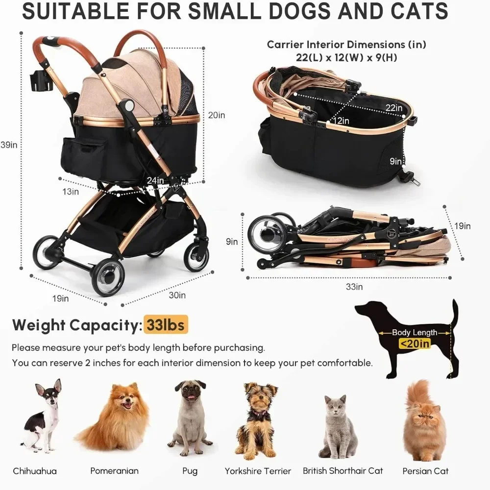 Push Button Dog Pet Stroller No-Zip With Detachable Carrier 3 in 1 Foldable Pet Stroller for Small Medium Dogs Cats Car Trolley