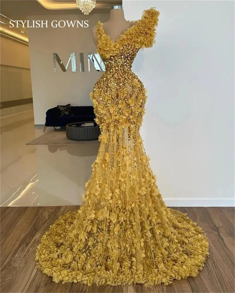 

Luxury Beads Gold Evening Dresses Crystal Dubai 3D Flower Appliques Party Prom Gown Customized robe جديد في الأطقم الكامل
