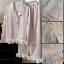 Jacquard Silk Satin Pajamas Suit Sleepwear with Lace Women Nightgown Button-Down Pyjamas Pour Femme Nightwear Casual Home Wear