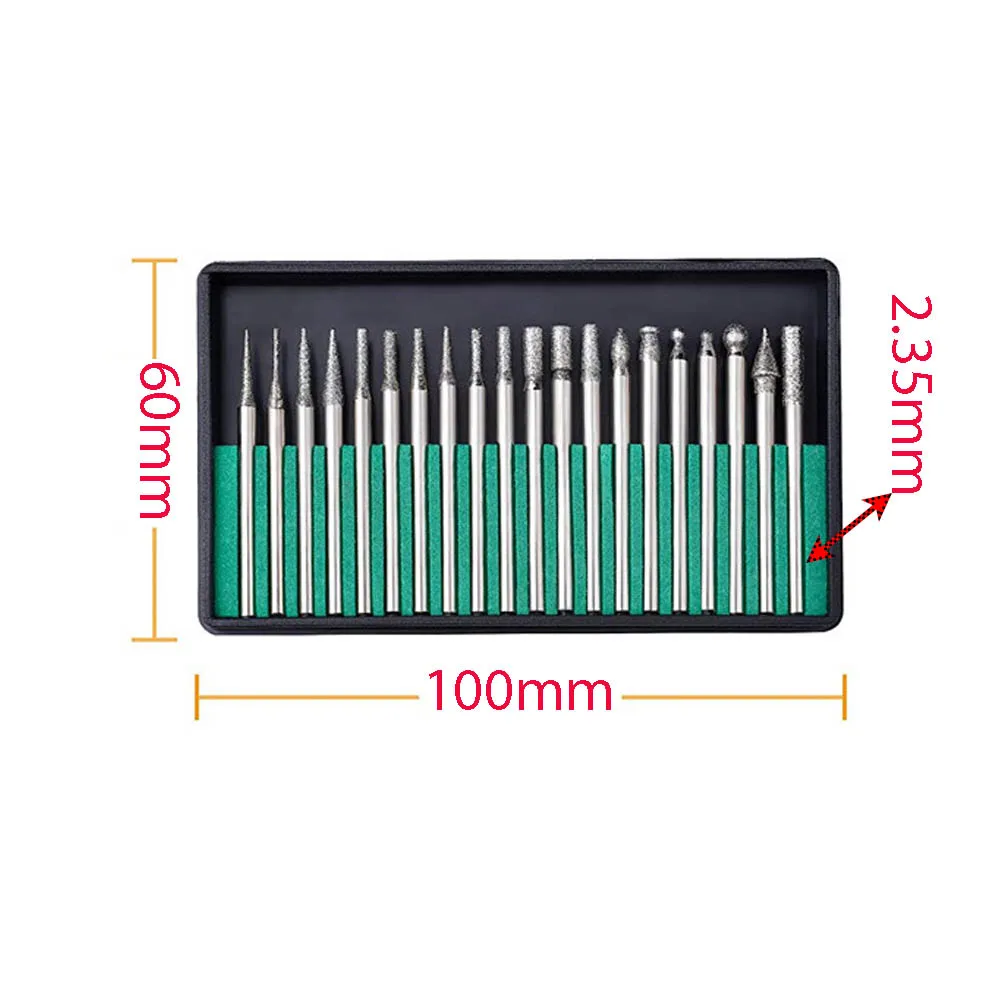 20PCS 2.35/3mm Shank Diamond Grinding Burr Needle Point Engraving Carving Polishing Glass Jade Stone Drill Bit Rotary Tool Set
