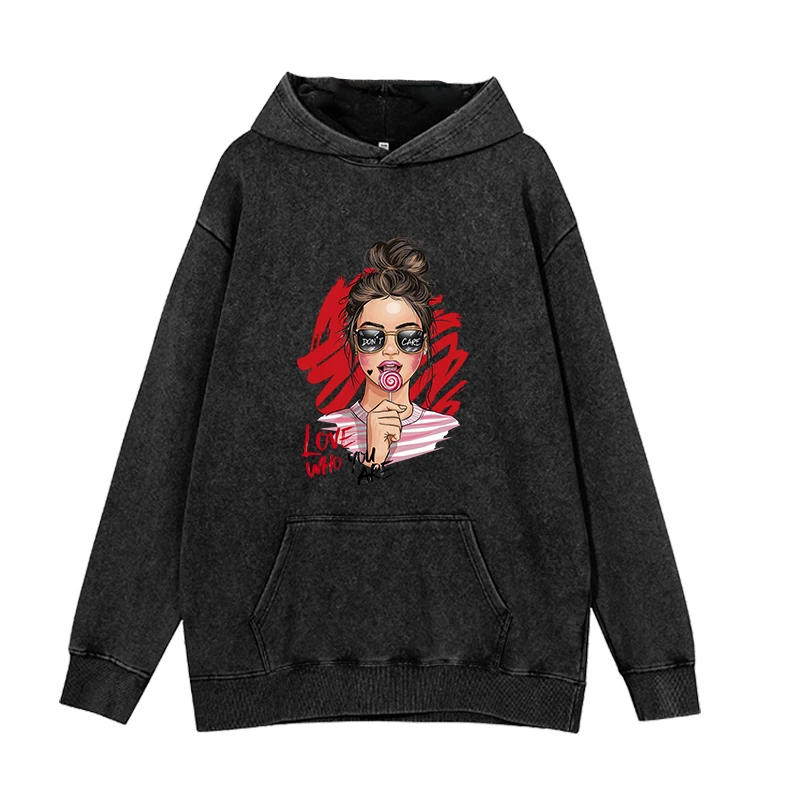 

Fashionable and trendy women's round neck hooded pullover, urban girls' printed street wear, suitable for both men and women