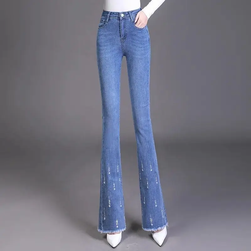 

Fashion Zipper Button Pockets Diamonds Tassel Flare Jeans Women's Clothing 2024 Autumn New Slim Office Lady High Waist Trousers