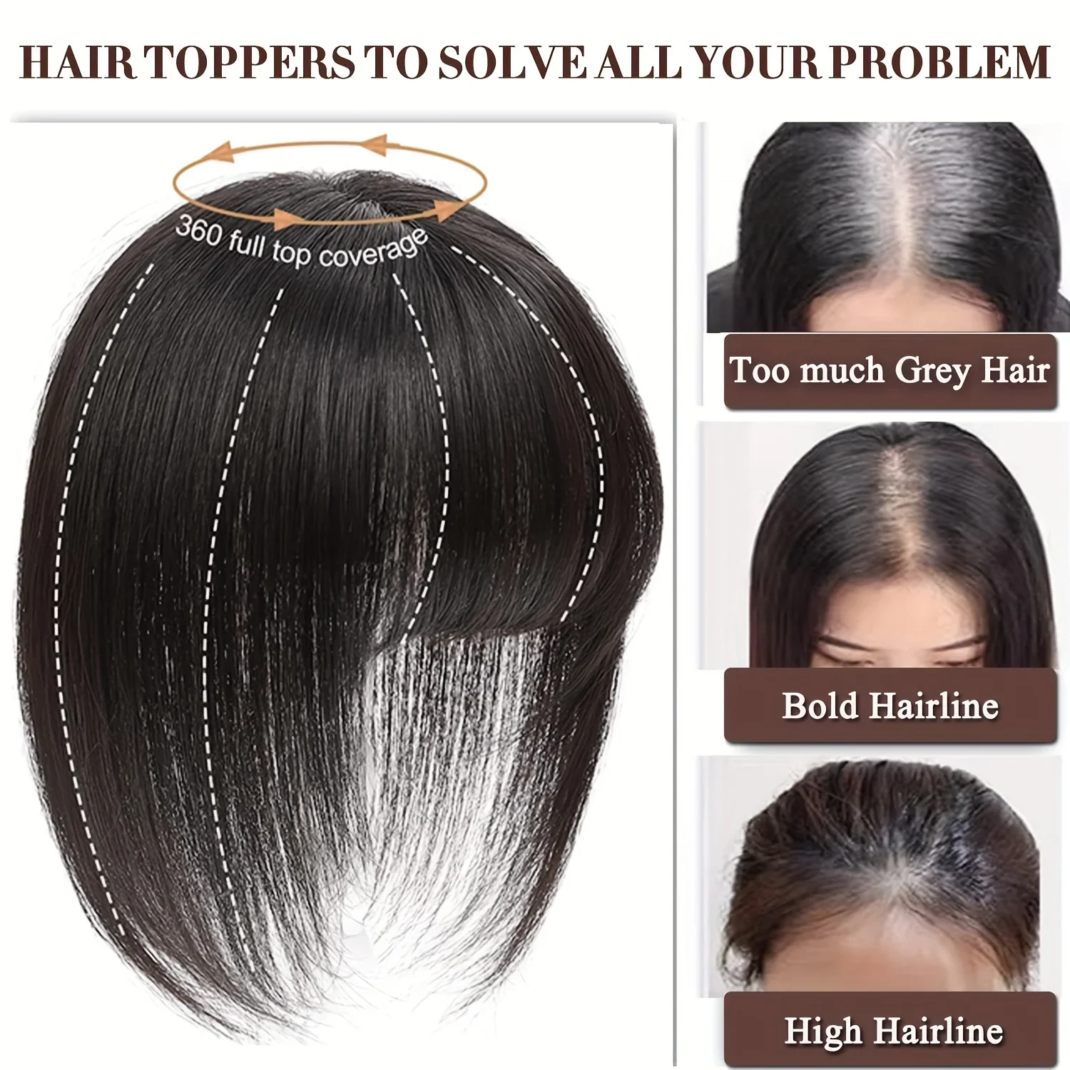 Real Remy Human Hair ปิดเต็มมือผูก Topper กับ Bangs 7x15 ซม.ผ้าไหมด้านบนพร้อมคลิปสีดําธรรมชาตินุ่ม Breathable