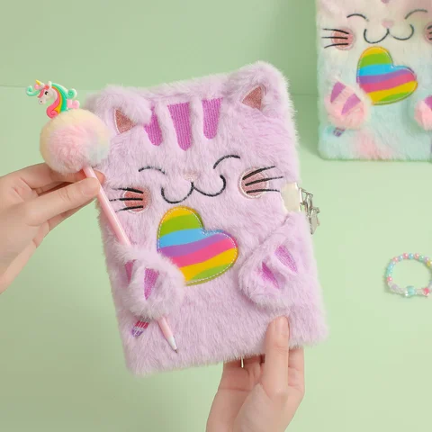 Tecknad plyschkatt anteckningsbok med lås studentdagbok söt pälskling skrivblock barnbrevpapper bärbar fickbok 8 best sales fluffig anteckningsbok - №3