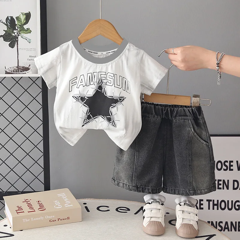 Summer baby boys clothes outfit sets for toddler baby clothing pullover T-shirt top denim shorts suits baby 1T birthday sets