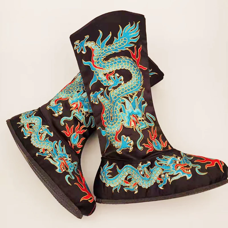 Chinese TV Film Drama Emperor Flat embroidered Dragon Boots Peking Opera Articles Thick soled Dragon High Boot