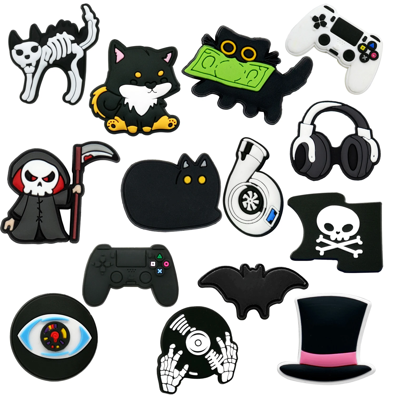 1/14pcs Black Cat Dog  Bat Shoe Charms for Women GamePad Turbine Shoe Decoration Funny Record Headset Pin Clog Jeans for Kids