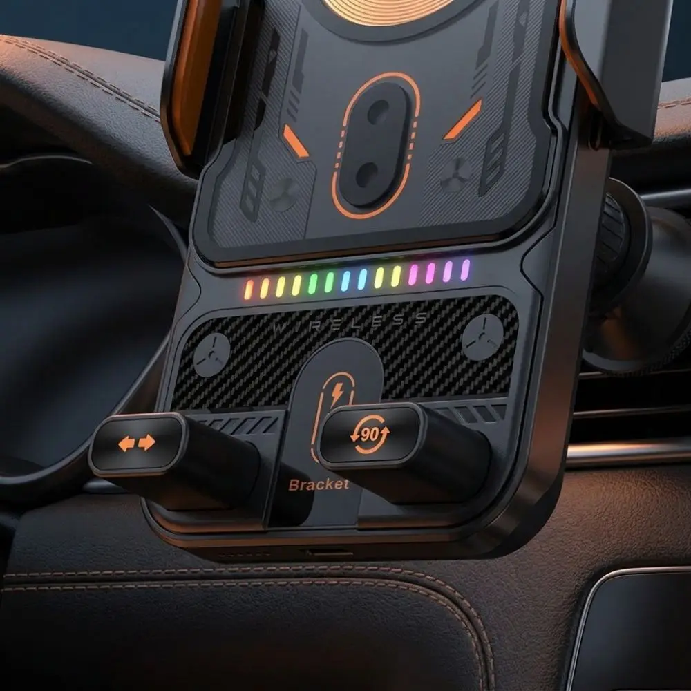 Black Car Phone Mount Metal 90 Rotation Vent Clip Vent Clip Phone Mount 15W Fast Charging Induction Opening Closing