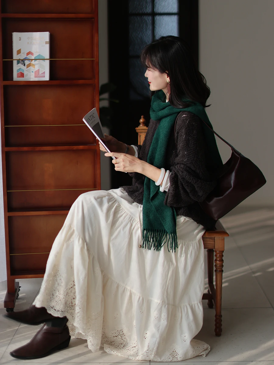 

Original Artistic Lace Splicing Cotton f Skirt Spring 2026 Women's Faion Commute Sle A-Line Loose Fit Pure Color