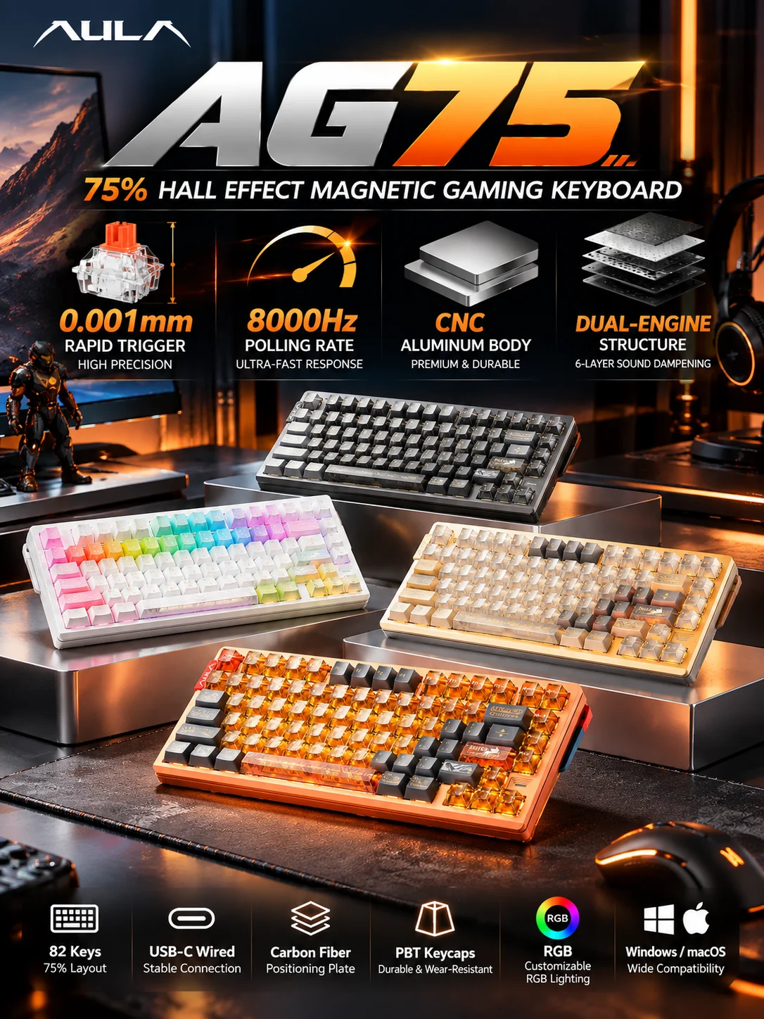 AULA AG75 Magnetic Gaming Keyboard 82 Keys Hall Effect 8000Hz RGB Rapid Trigger Hot Swap CNC Aluminum