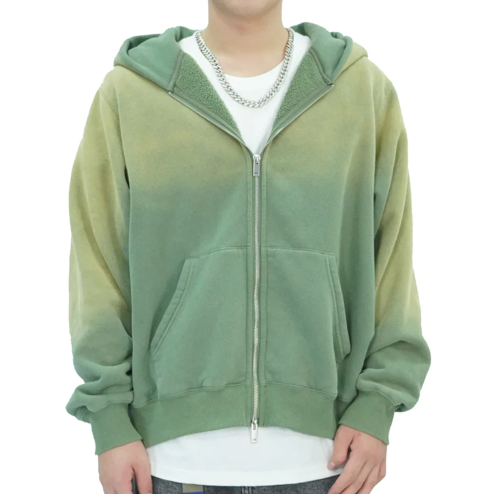 Men\'s Sun Faded Two-way Zip Up Jacket Unisex Washed Vintage 420GSM Hoody SweatshirtHigh Quality Heavy Weight Fuzzy Fleece Hoodie