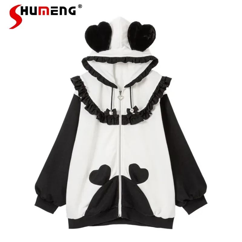 Japanese New Lolita Cute Hooded Jacket Zipper Shirt Plush Fungus Edge Bow Sweatshirt Top Loose Oversized Long Sleeves Sweatshirt