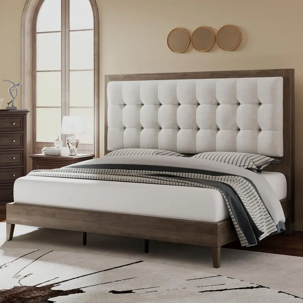 

Solid Wood Queen Size Bed Frame 50.2 Tall Upholstered Headboard, MidCentury Style, Stable Platform Support, No Box Spring Neede