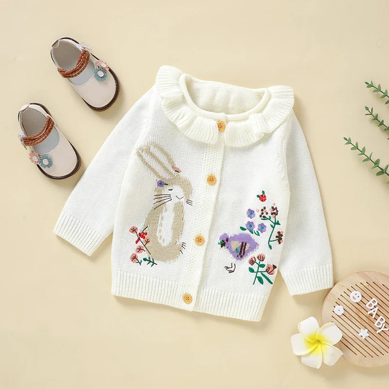 

Baby Sweater Fashion Embroidery Newborn Girl Cardigan Knitted Ruffle Infant Children Clothin Long Sleeve Autumn Tops Cute Animal