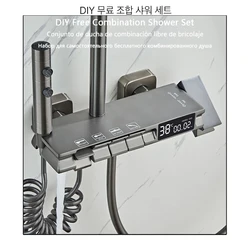 Gray Shower Set Bathroom Copper Shower System LED Digital Display Temperature Bathtub Shower Faucet DIY Shower Accessories Sets