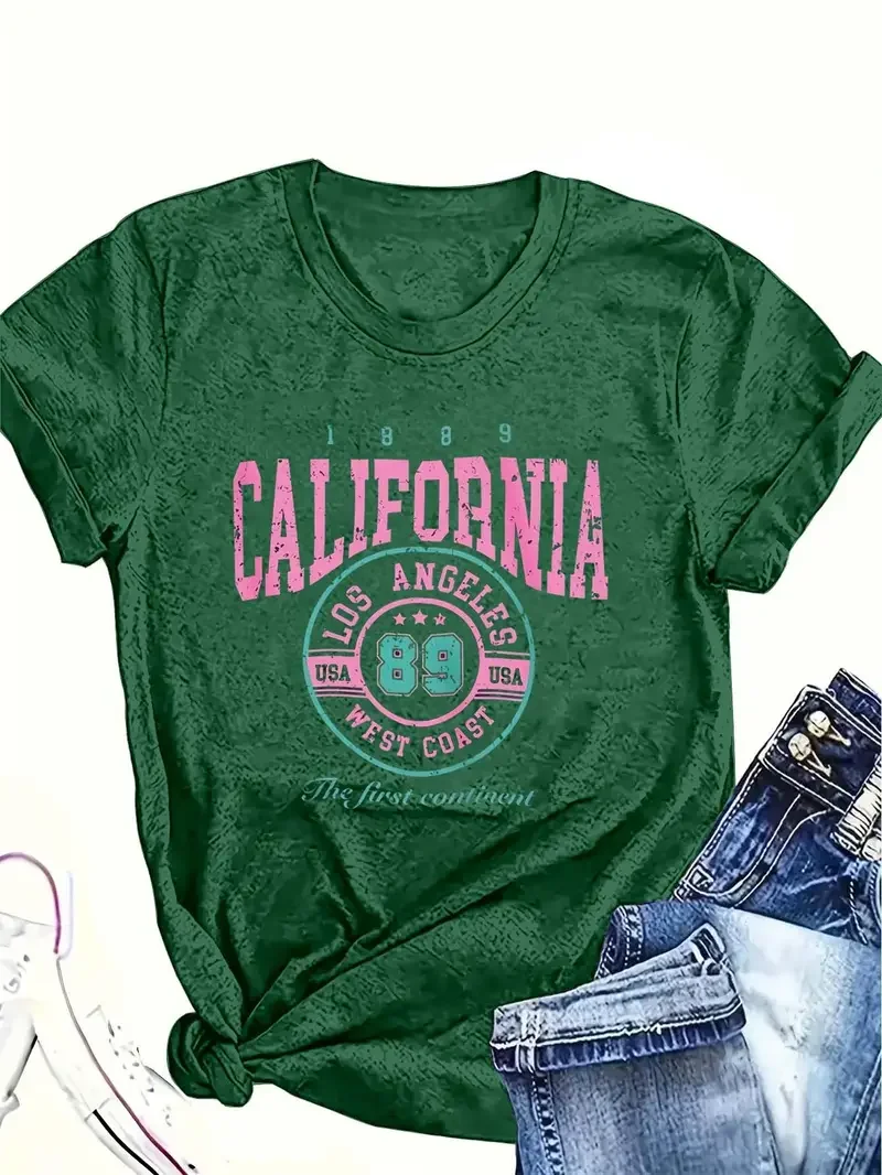Camiseta de manga corta para mujer talla grande, estampado retro California Los Angeles, moderna y vintage