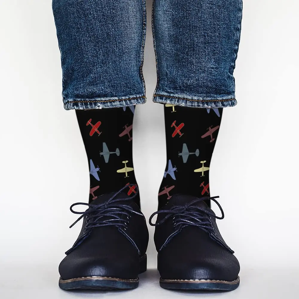 Retro War Planes Pattern Funny Socks Military Old Aeroplane Abstract Fighter Novelty Casual Crew Socks Contrast Color Design