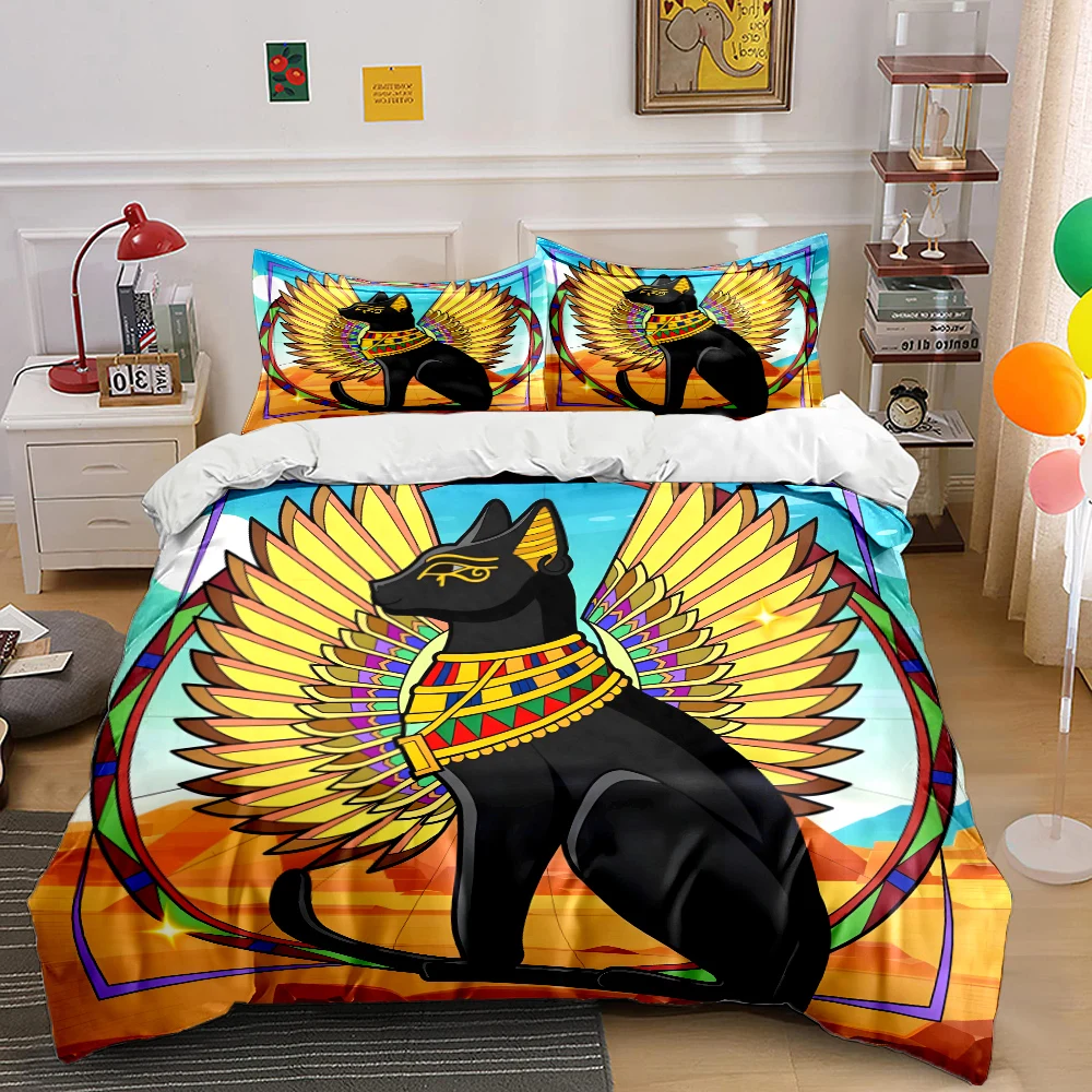 Egyptian Black Cat with Colorful Wings Print Soft Comfortable Duvet Cover Bedding Set Included 1*Duvet Cover  2*Pillowcases