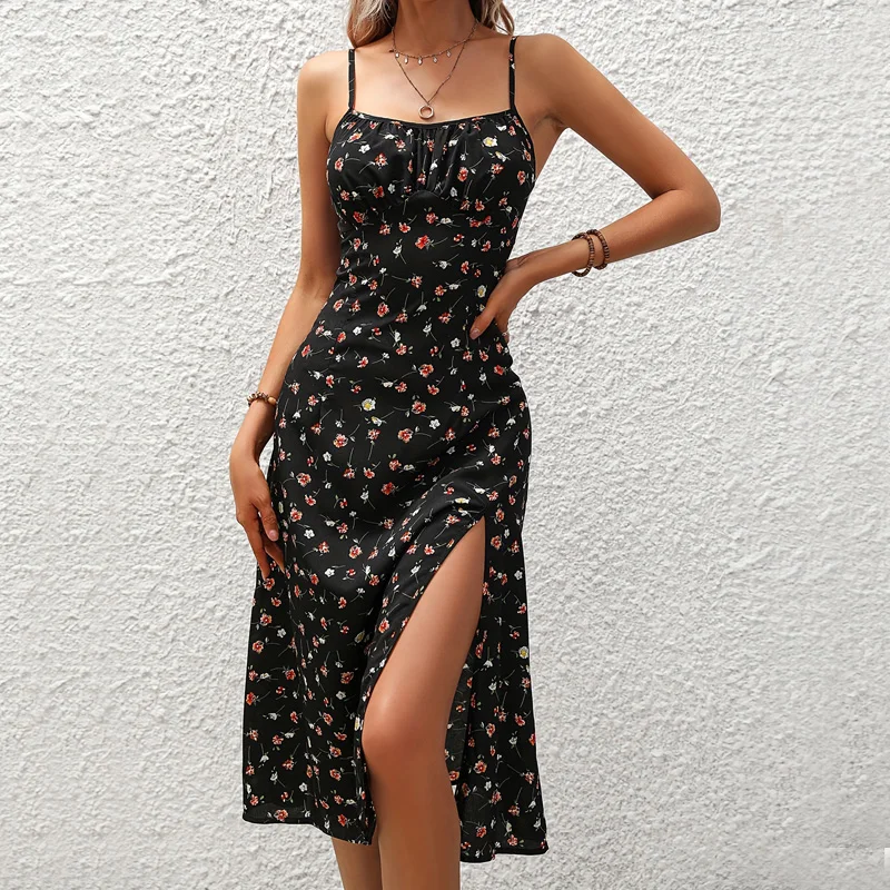 2025 primavera verano vestido dividido para mujer y2k moda vestido ajustado con estampado Floral mangas largas dulce A-line sexy negro vestidos con tirantes