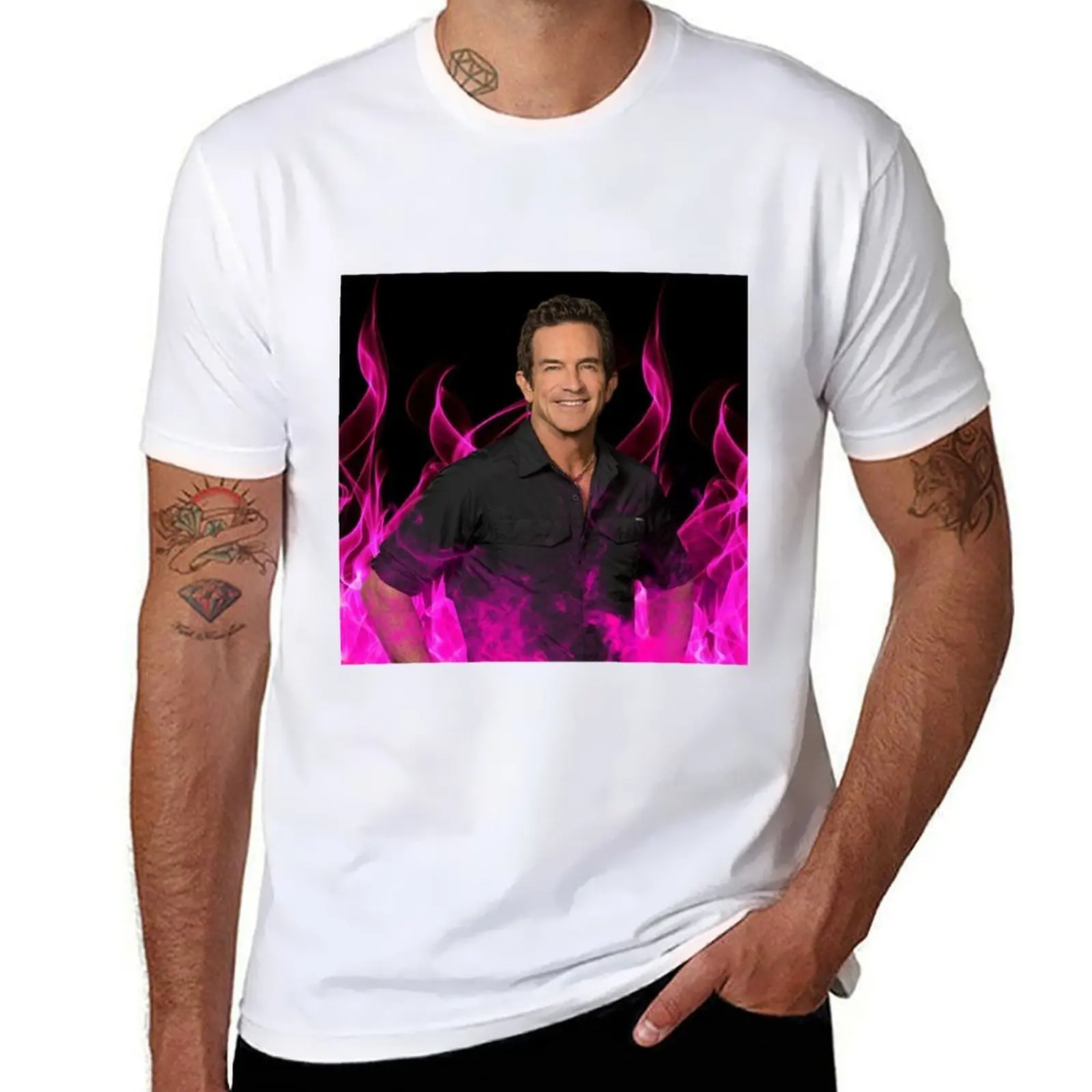 

Jeff Probst Survivor Pink Fire Tapestry T-Shirt t shirts for man cotton soft t shirts designer T-Shirt