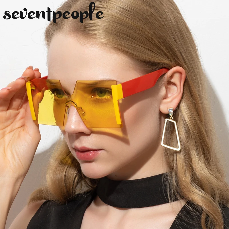 Oversized Rimless Square Sunglasses Women 2023 Luxury Brand Designer Fashion One Piece Sunglass Ladies Gradient Shades Eyewear