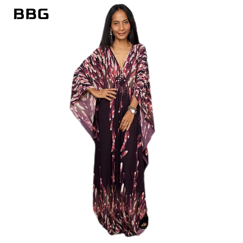 2022 Zomer Strand Kleding Voor Vrouwen Casual Marokkaanse Etnische Sexy Kaftan Jurk Batwing Mouw Loungewear Tuniek Badpak Cover Up