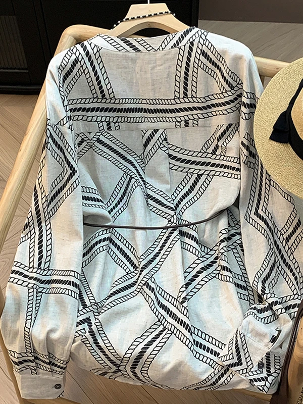 Retro Lose Runde Ne Lange Sve Baumwolle Leinen irt Frauen Herbst 2025, Neue Sle Gedruckt Cord ass Muster Atmungsaktive top