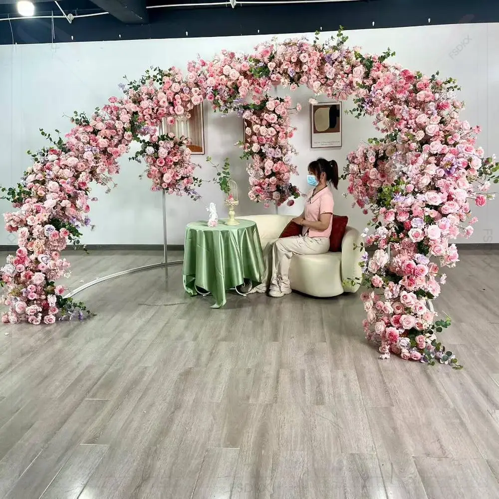 

FSDKX Customized Artificial Rose Pink Flower Arch Moon Floral Arches Backdrop Stand Frame for Party Event