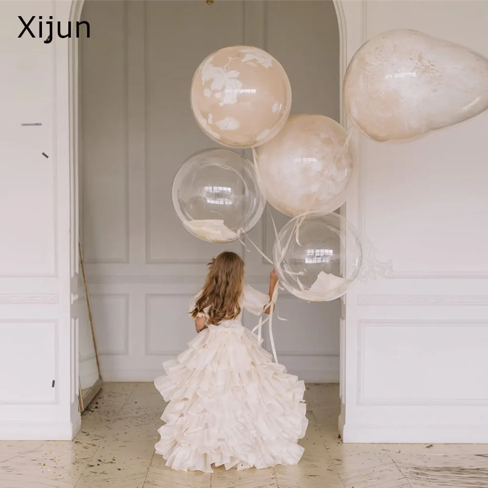 

Xijun Luxury Ivory Flower Girl Dresses Princess Ruffles Ruched Wedding Party Dresses Kids Puff Sleeves Birthday Dresses Custom
