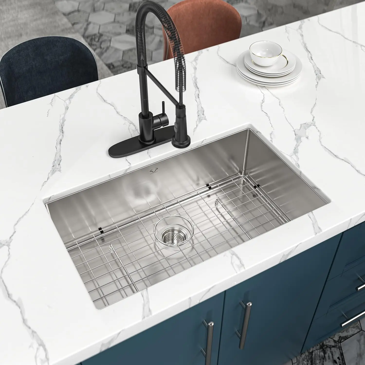Kitchen Sink 30x18 Inch Undermount Sink Stainless Steel 16 Gauge Single Bowl Kitchen Sinks Set (5 Item Bundle: Sink, Bottom Grid